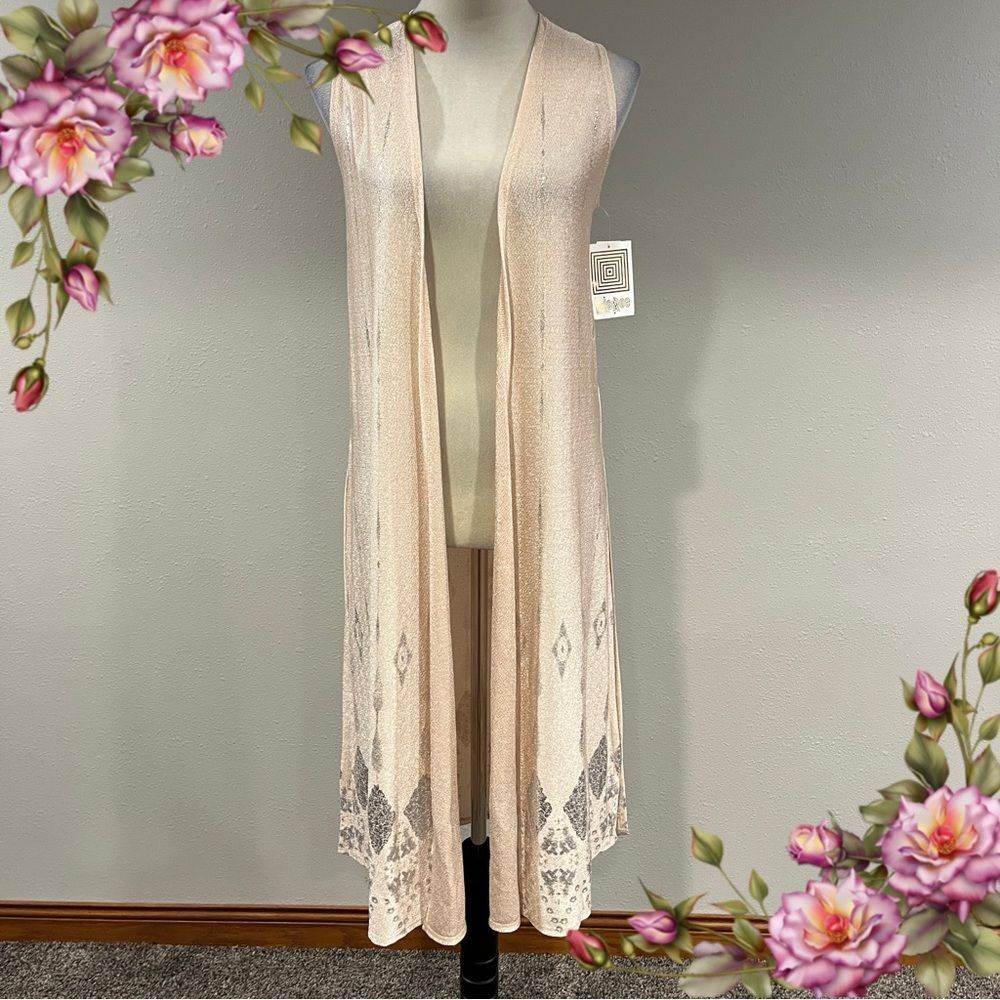 LuLaRoe Elegant Cream and gold Open-Front Joy duster‎ size extra small